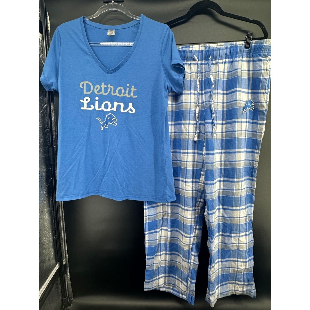 NFL Team Apparel Detroit Lions Womens Pajama Set Blue Plaid XL PJs 2 Piece